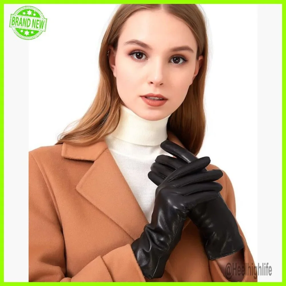Soft Lambskin Leather Touchscreen Winter Driving Gloves Cashmere Lined